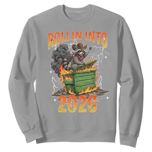 Dumpster Fire Raccoon Meme for Surviving 2025 Sweatshirt Rollin Into 2026 Trash Panda Energy TS02 Sport Gray Print Your Wear