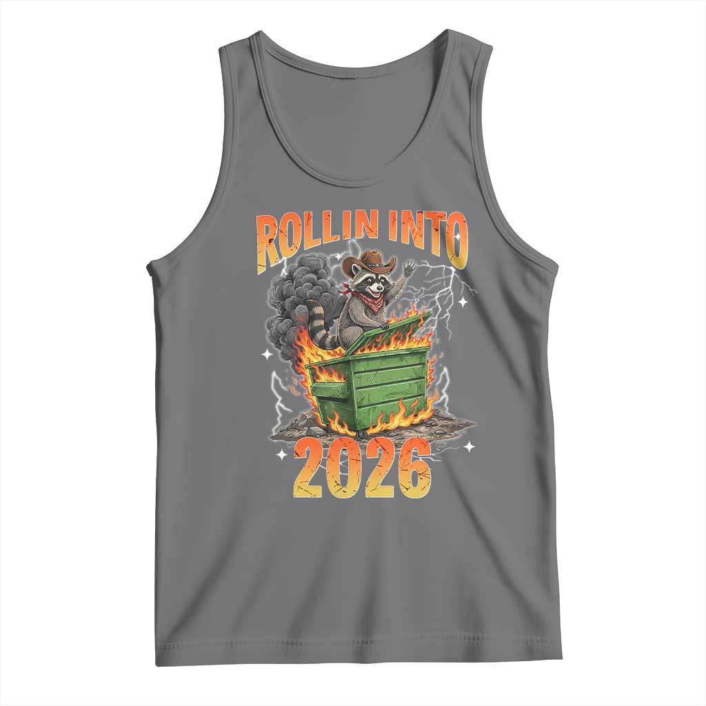 Dumpster Fire Raccoon Meme for Surviving 2025 Tank Top Rollin Into 2026 Trash Panda Energy TS02 Black Heather Print Your Wear