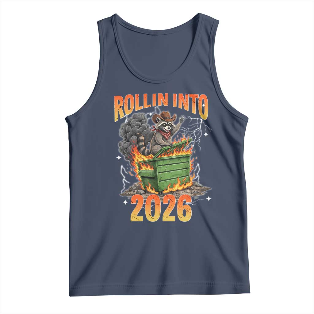 Dumpster Fire Raccoon Meme for Surviving 2025 Tank Top Rollin Into 2026 Trash Panda Energy TS02 Navy Print Your Wear