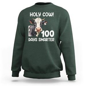 Holy Cow 100 Days of School Sweatshirt 100 Days Smarter Funny Moo Dairy Cattle TS02 Dark Forest Green Printyourwear