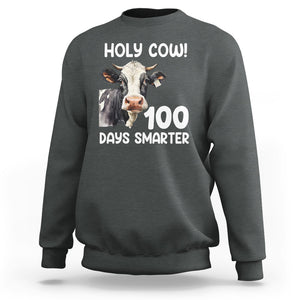 Holy Cow 100 Days of School Sweatshirt 100 Days Smarter Funny Moo Dairy Cattle TS02 Dark Heather Printyourwear