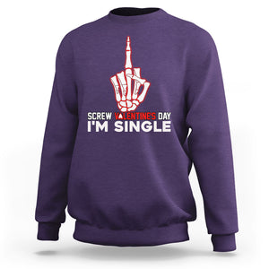 Funny Anti Valentines Sweatshirt Screw Valentine's Day I'm Single Skeleton Middle Finger TS02 Purple Printyourwear