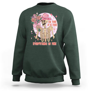 Skeleton Anti Valentine Sweatshirt I'm Fine It's Fine Everything's Fine Retro Pink Funny Western Cowboy TS02 Dark Forest Green Printyourwear