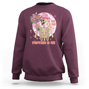 Skeleton Anti Valentine Sweatshirt I'm Fine It's Fine Everything's Fine Retro Pink Funny Western Cowboy TS02 Maroon Printyourwear