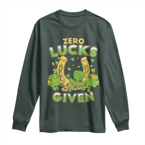 Funny St Patricks Day Long Sleeve Shirt Zero Lucks Given Irish Shamrock TS02 Dark Forest Green Print Your Wear