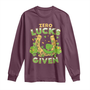 Funny St Patricks Day Long Sleeve Shirt Zero Lucks Given Irish Shamrock TS02 Maroon Print Your Wear