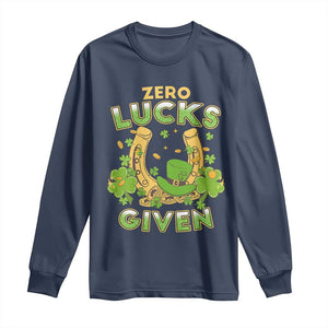 Funny St Patricks Day Long Sleeve Shirt Zero Lucks Given Irish Shamrock TS02 Navy Print Your Wear