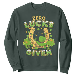 Funny St Patricks Day Sweatshirt Zero Lucks Given Irish Shamrock TS02 Dark Forest Green Print Your Wear