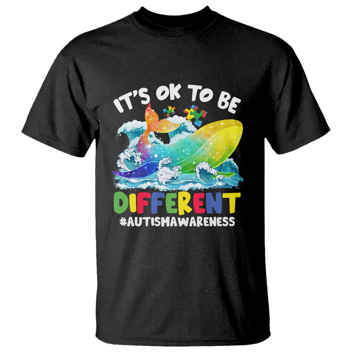 Whale Autism Awareness T Shirt It's Ok To Be Different Support Squad Mental Health TS02 Black Printyourwear