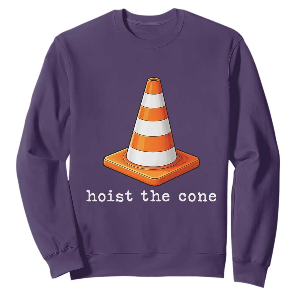 Minimalist Hoist The Cone Typography Sweatshirt Funny Baseball Fan Pride Celebration IYKYK Meme TS02 Purple Print Your Wear