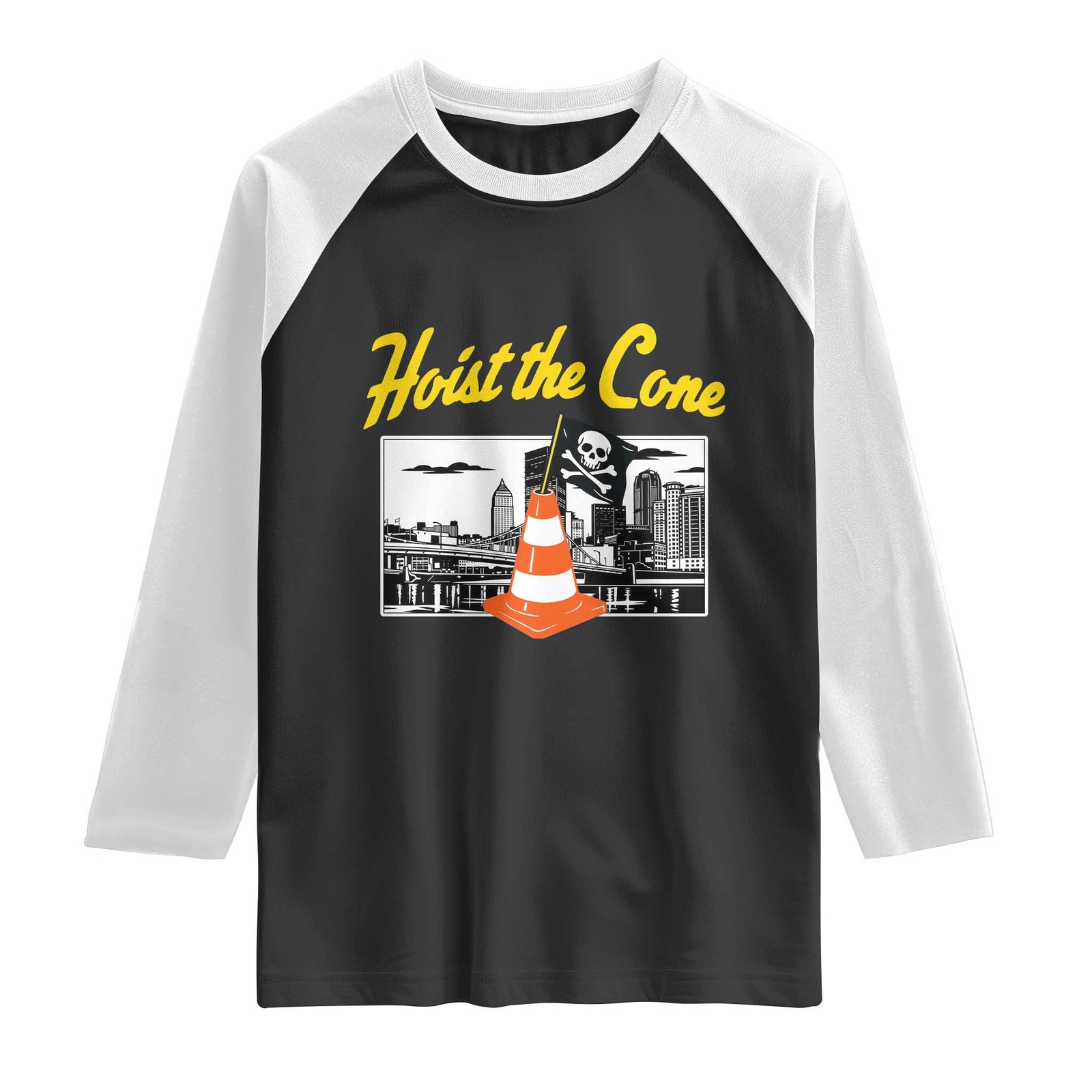 Pittsburgh Skyline Victory Hoist The Cone Meme Raglan Shirt Funny Sports Fan Celebration TS02 Black White Print Your Wear