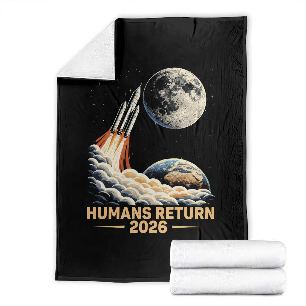 Retro Humans Return 2026 Lunar Mission Throw Blanket Vintage Style Rocket Launch n Moon Graphic TS02 Black Print Your Wear