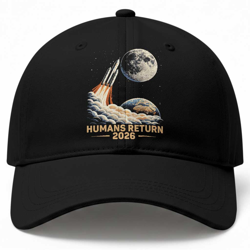 Retro Humans Return 2026 Lunar Mission Baseball Cap Vintage Style Rocket Launch n Moon Graphic TS02 Print Your Wear