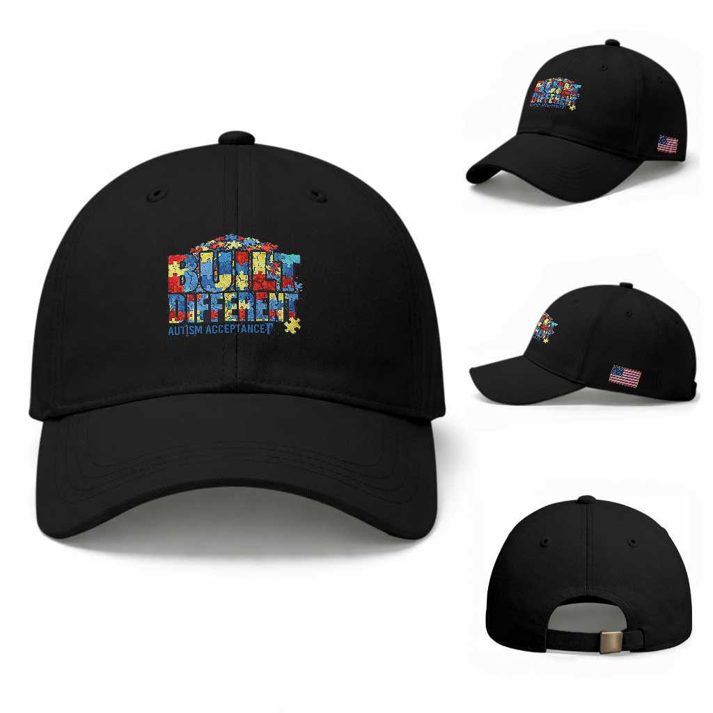 Built Different Autism Acceptance Puzzle Piece Graphic Baseball Cap Inspirational Neurodiversity Support TS02 Baseball Cap Universal Fit Black Print Your Wear