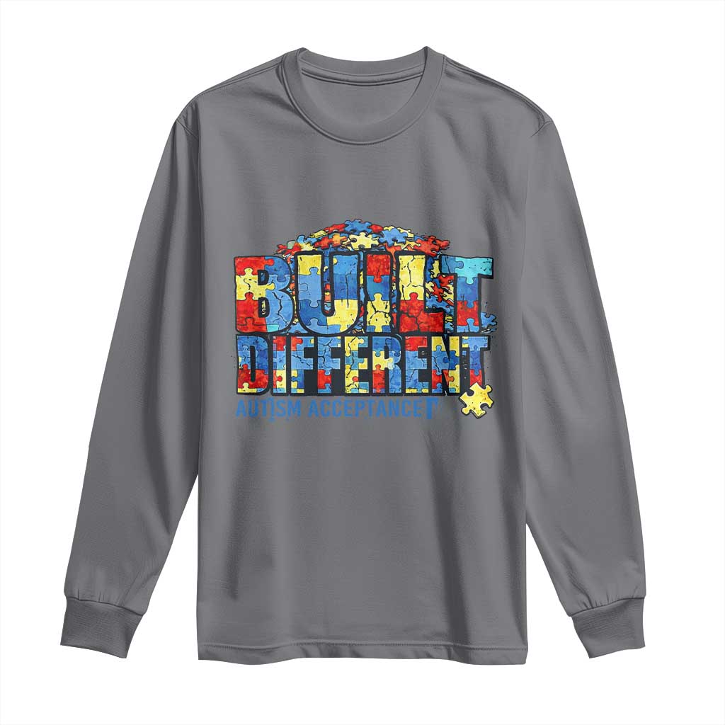 Built Different Autism Acceptance Puzzle Piece Graphic Long Sleeve Shirt Inspirational Neurodiversity Support TS02 Charcoal Print Your Wear