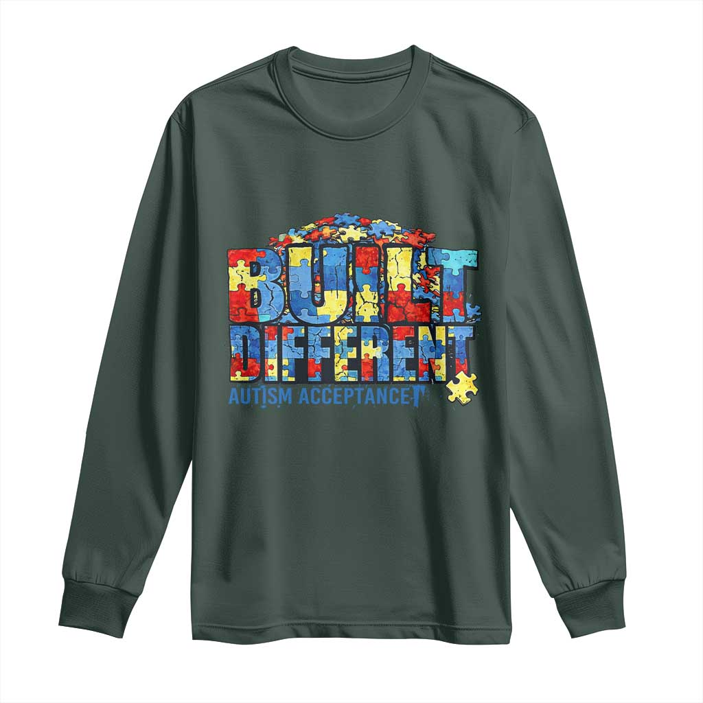 Built Different Autism Acceptance Puzzle Piece Graphic Long Sleeve Shirt Inspirational Neurodiversity Support TS02 Dark Forest Green Print Your Wear