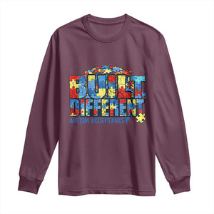 Built Different Autism Acceptance Puzzle Piece Graphic Long Sleeve Shirt Inspirational Neurodiversity Support TS02 Maroon Print Your Wear