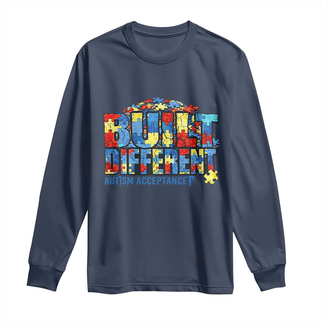 Built Different Autism Acceptance Puzzle Piece Graphic Long Sleeve Shirt Inspirational Neurodiversity Support TS02 Navy Print Your Wear
