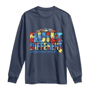 Built Different Autism Acceptance Puzzle Piece Graphic Long Sleeve Shirt Inspirational Neurodiversity Support TS02 Navy Print Your Wear