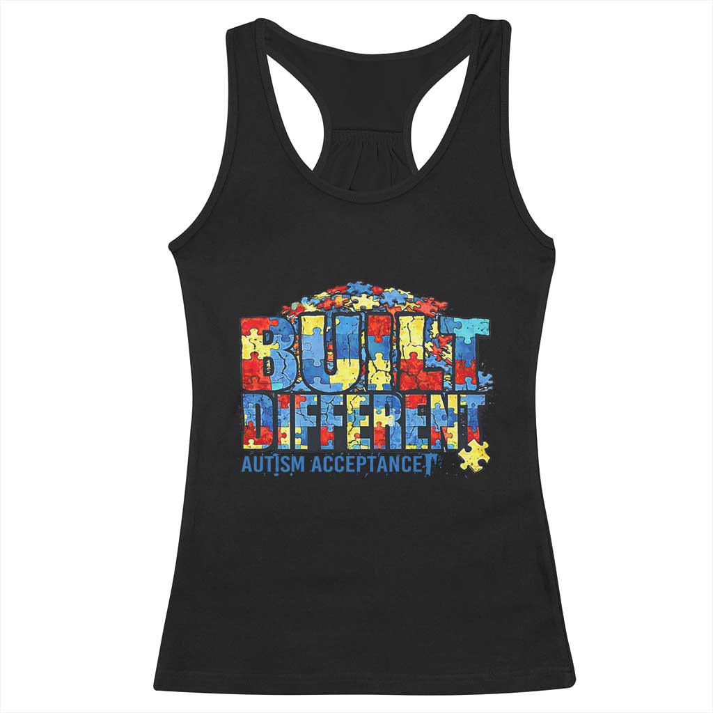 Built Different Autism Acceptance Puzzle Piece Graphic Racerback Tank Top Inspirational Neurodiversity Support TS02 Black Print Your Wear
