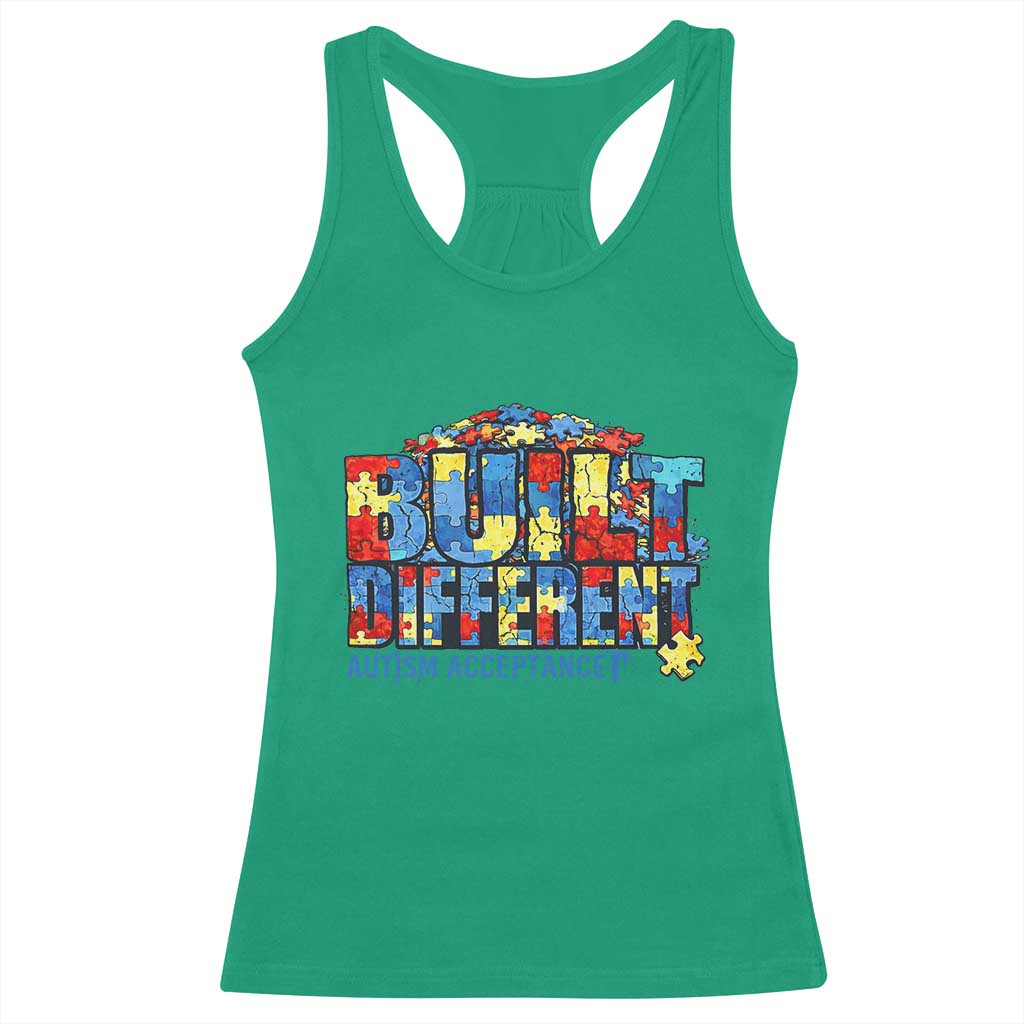Built Different Autism Acceptance Puzzle Piece Graphic Racerback Tank Top Inspirational Neurodiversity Support TS02 Irish Green Print Your Wear