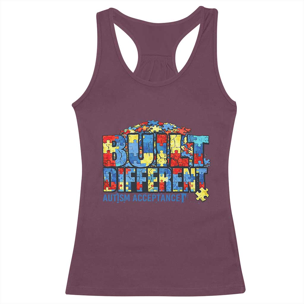 Built Different Autism Acceptance Puzzle Piece Graphic Racerback Tank Top Inspirational Neurodiversity Support TS02 Maroon Print Your Wear