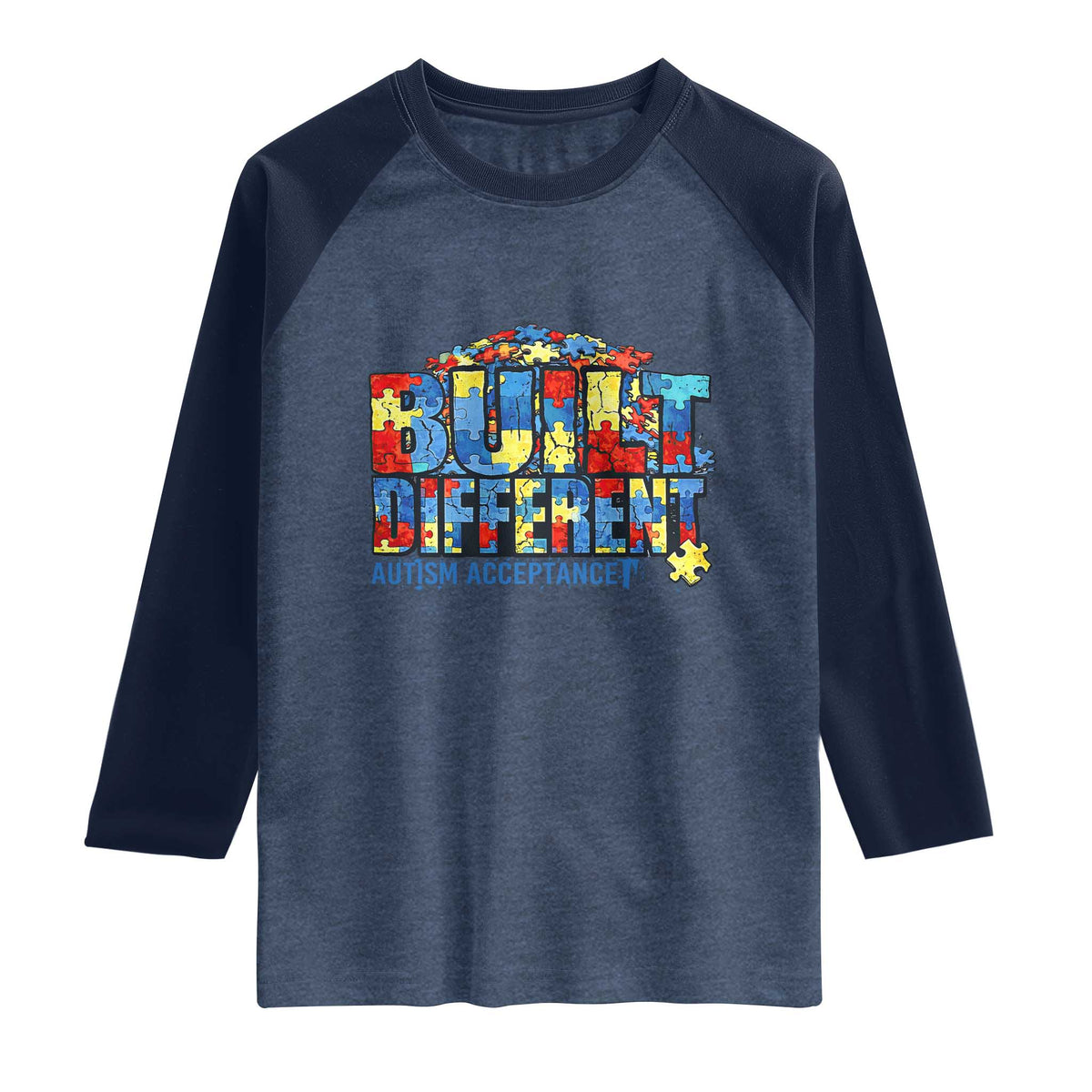 Built Different Autism Acceptance Puzzle Piece Graphic Raglan Shirt Inspirational Neurodiversity Support TS02 Heather Denim Navy Print Your Wear