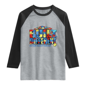 Built Different Autism Acceptance Puzzle Piece Graphic Raglan Shirt Inspirational Neurodiversity Support TS02 Heather Gray Black Print Your Wear