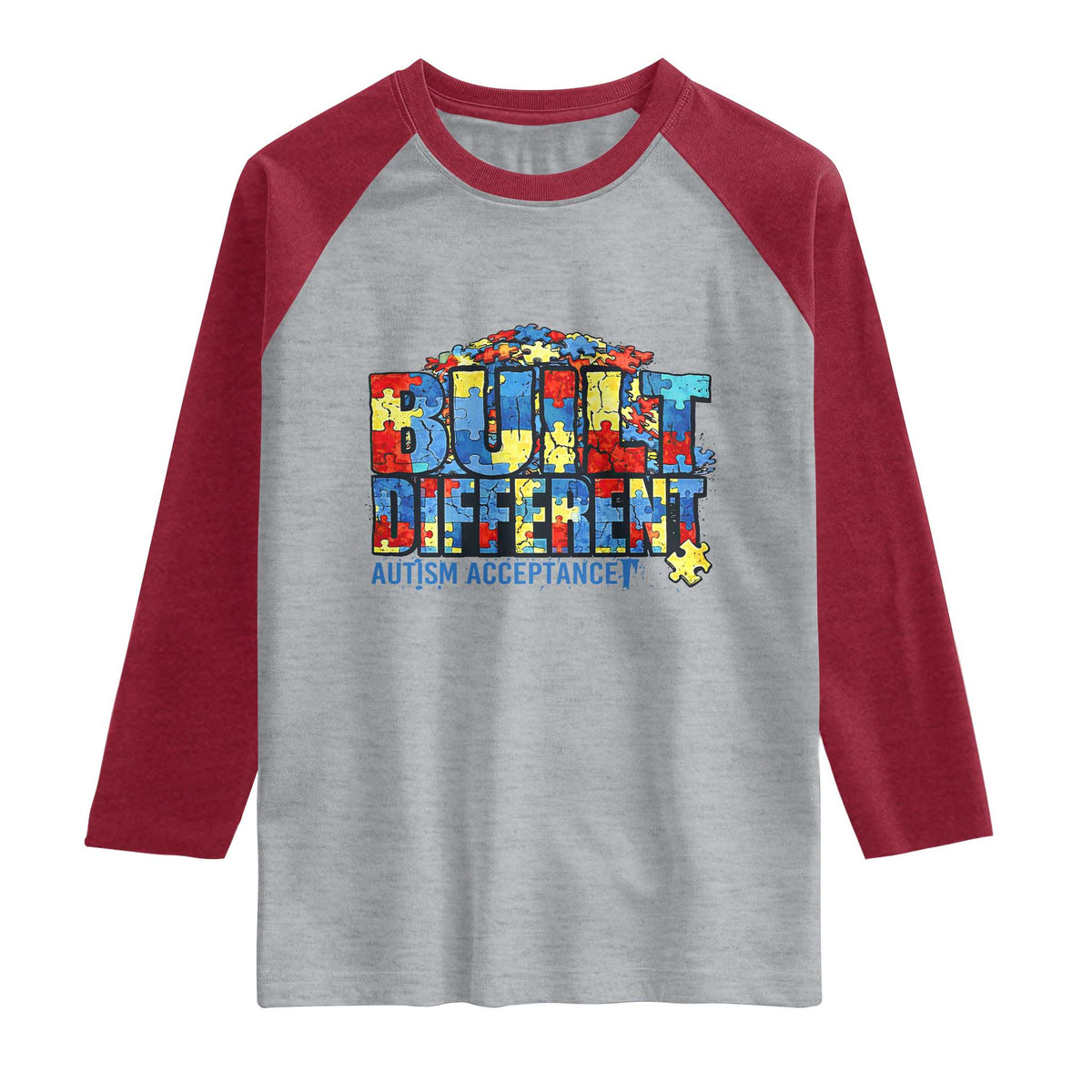 Built Different Autism Acceptance Puzzle Piece Graphic Raglan Shirt Inspirational Neurodiversity Support TS02 Heather Gray Heather Red Print Your Wear