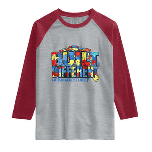 Built Different Autism Acceptance Puzzle Piece Graphic Raglan Shirt Inspirational Neurodiversity Support TS02 Heather Gray Heather Red Print Your Wear