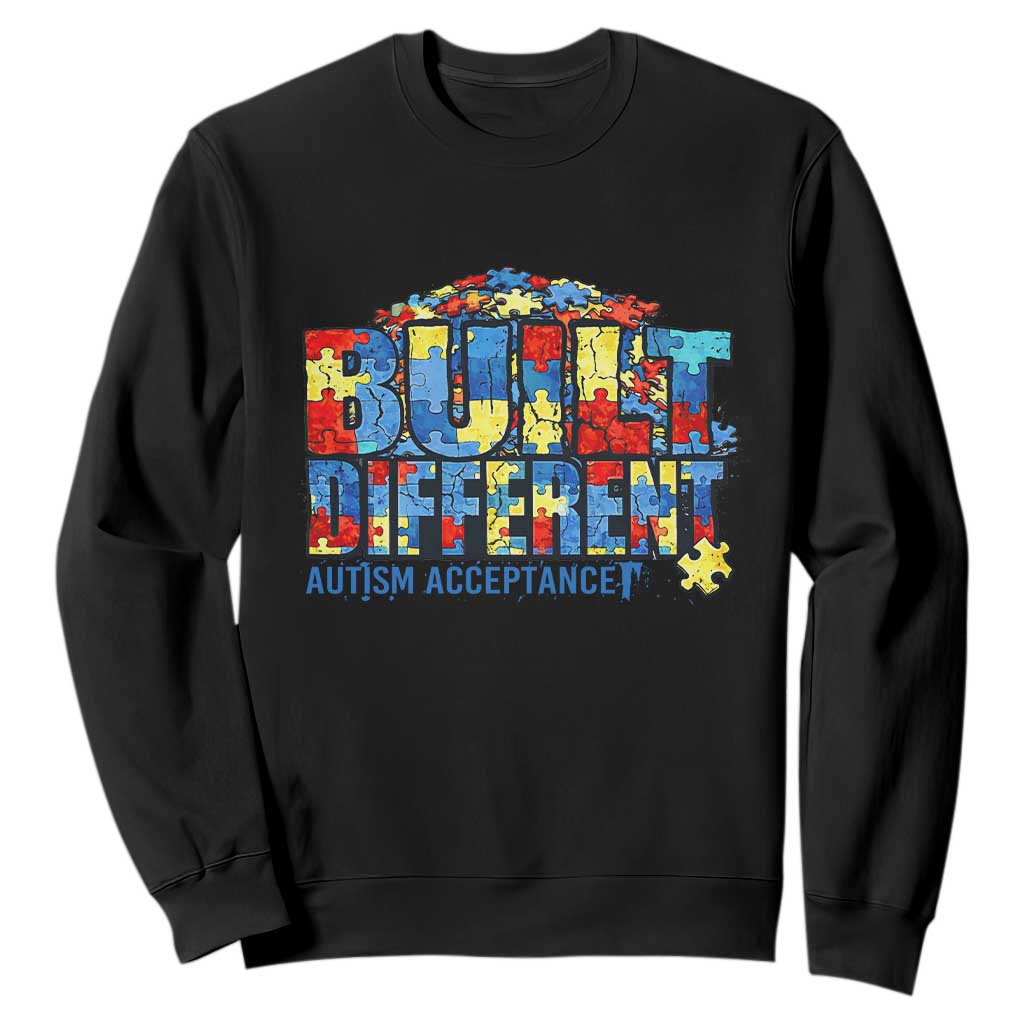 Built Different Autism Acceptance Puzzle Piece Graphic Sweatshirt Inspirational Neurodiversity Support TS02 Black Print Your Wear