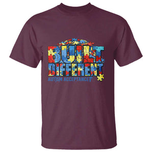 Built Different Autism Acceptance Puzzle Piece Graphic T Shirt Inspirational Neurodiversity Support TS02 Maroon Print Your Wear