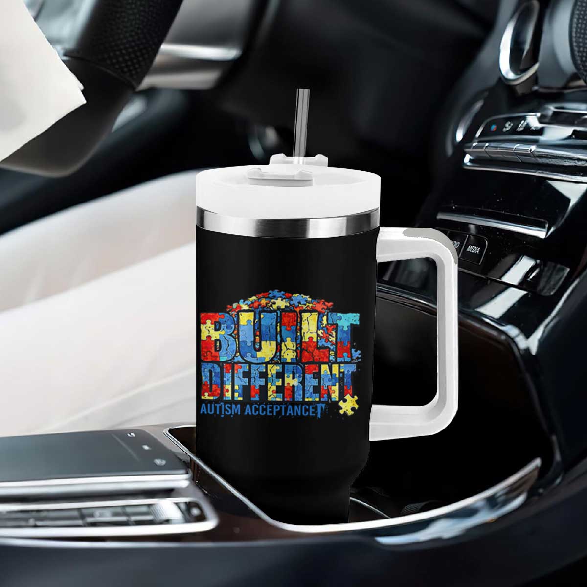 Built Different Autism Acceptance Puzzle Piece Graphic Tumbler With Handle Inspirational Neurodiversity Support TS02 Print Your Wear