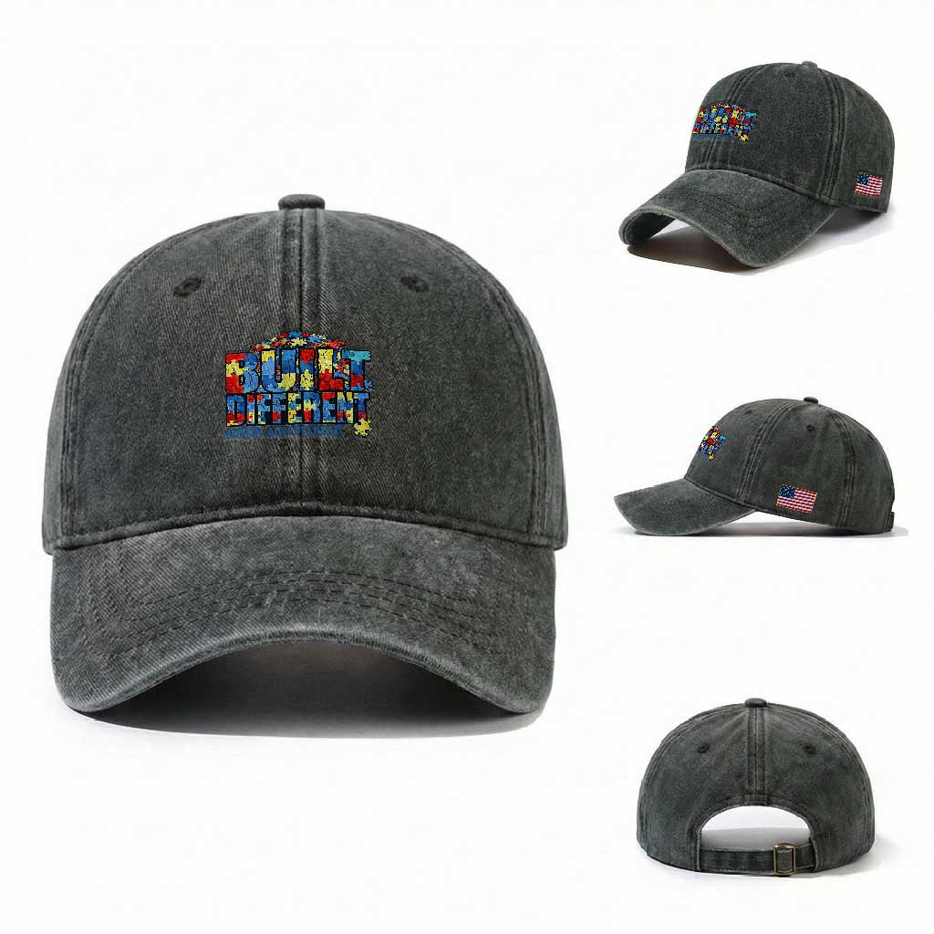 Built Different Autism Acceptance Puzzle Piece Graphic Washed Cotton Baseball Cap Inspirational Neurodiversity Support TS02 Washed Cap Universal Fit Dark Green Print Your Wear