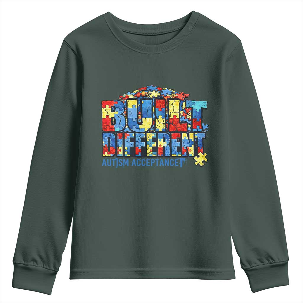 Built Different Autism Acceptance Puzzle Piece Graphic Youth Sweatshirt Inspirational Neurodiversity Support TS02 Dark Forest Green Print Your Wear