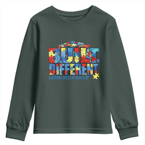 Built Different Autism Acceptance Puzzle Piece Graphic Youth Sweatshirt Inspirational Neurodiversity Support TS02 Dark Forest Green Print Your Wear