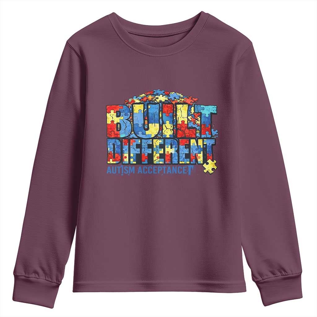 Built Different Autism Acceptance Puzzle Piece Graphic Youth Sweatshirt Inspirational Neurodiversity Support TS02 Maroon Print Your Wear