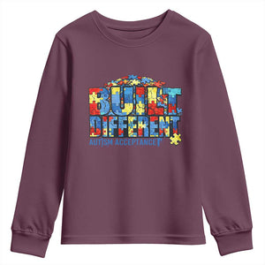 Built Different Autism Acceptance Puzzle Piece Graphic Youth Sweatshirt Inspirational Neurodiversity Support TS02 Maroon Print Your Wear