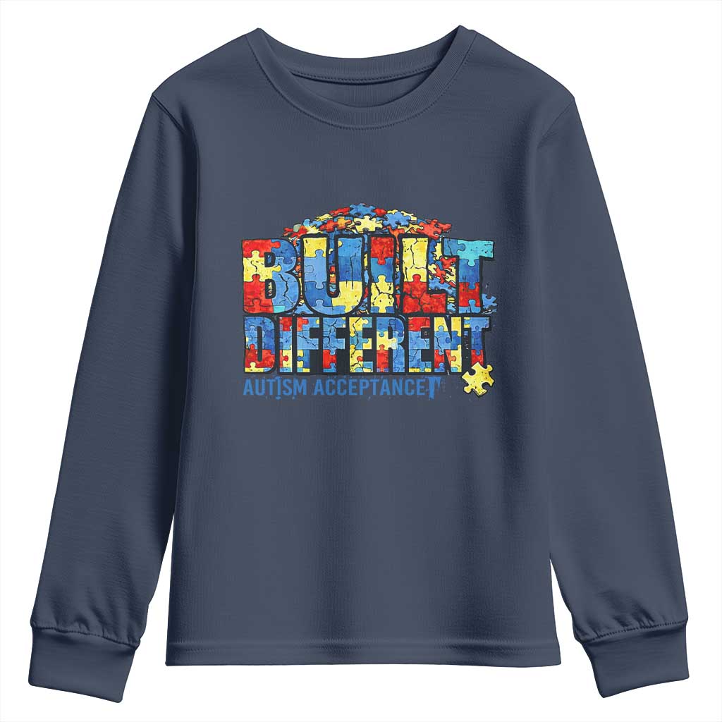 Built Different Autism Acceptance Puzzle Piece Graphic Youth Sweatshirt Inspirational Neurodiversity Support TS02 Navy Print Your Wear