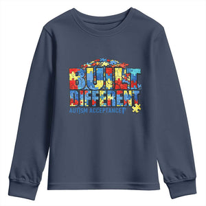 Built Different Autism Acceptance Puzzle Piece Graphic Youth Sweatshirt Inspirational Neurodiversity Support TS02 Navy Print Your Wear