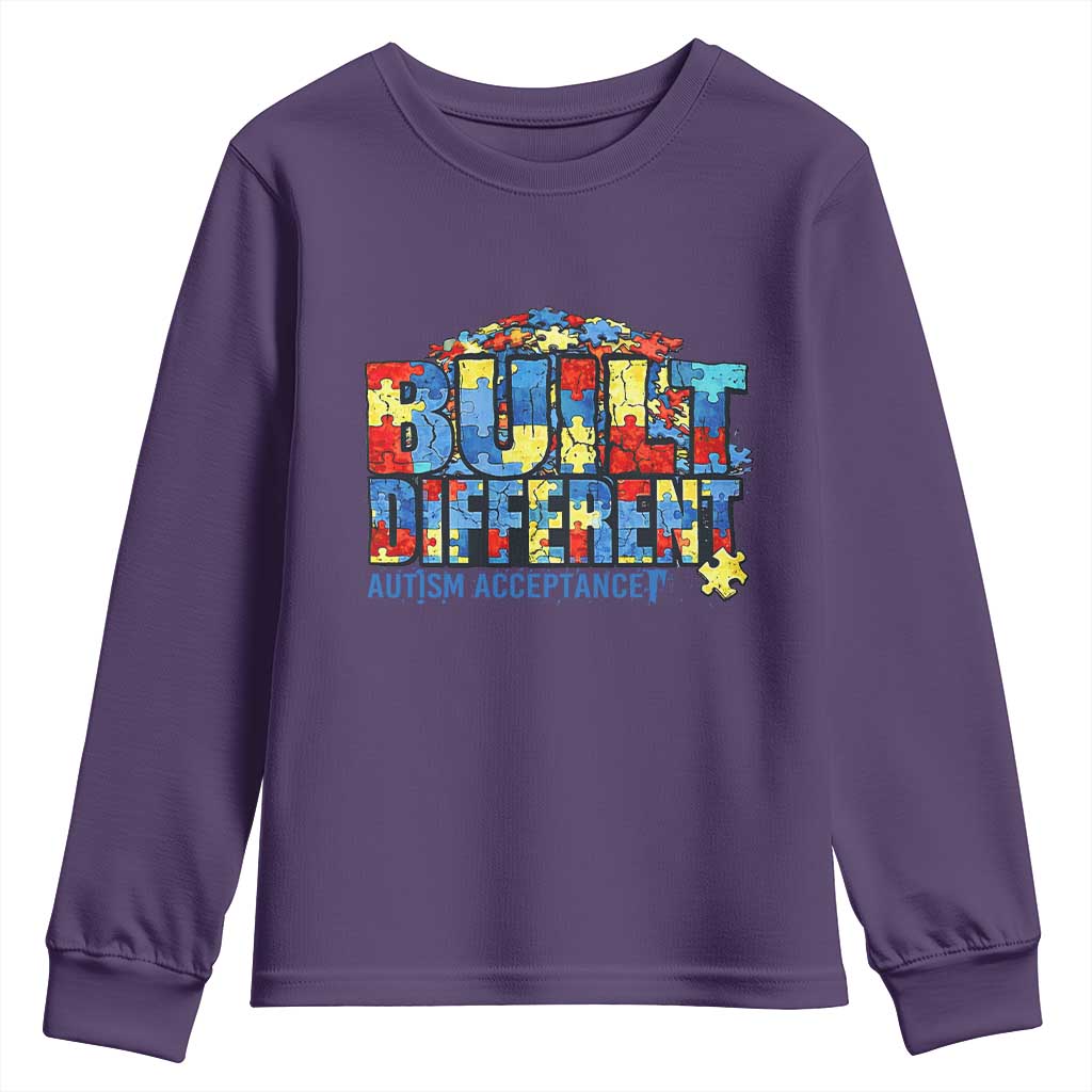 Built Different Autism Acceptance Puzzle Piece Graphic Youth Sweatshirt Inspirational Neurodiversity Support TS02 Purple Print Your Wear