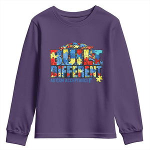 Built Different Autism Acceptance Puzzle Piece Graphic Youth Sweatshirt Inspirational Neurodiversity Support TS02 Purple Print Your Wear