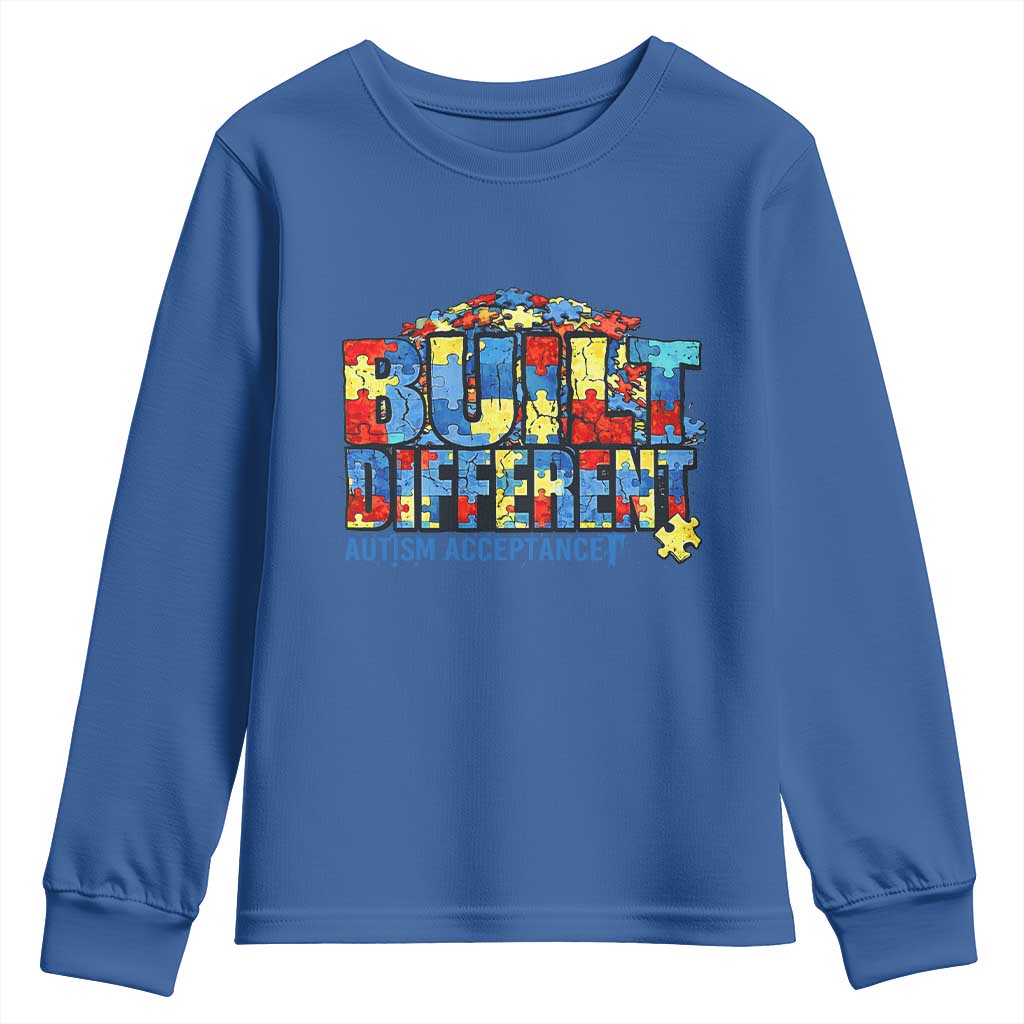 Built Different Autism Acceptance Puzzle Piece Graphic Youth Sweatshirt Inspirational Neurodiversity Support TS02 Royal Blue Print Your Wear