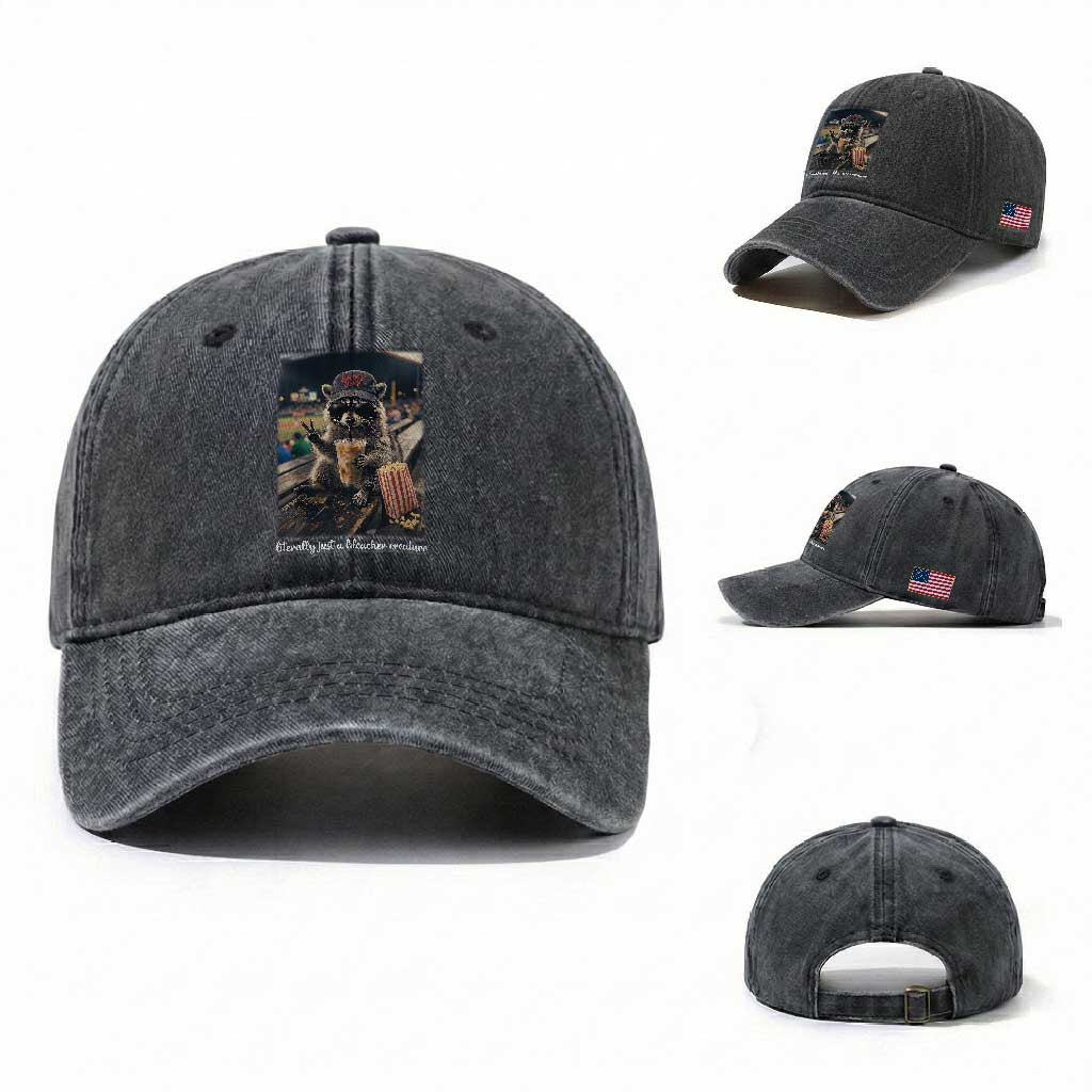 Literally Just A Bleacher Creature Funny Raccoon Baseball Graphic Washed Cotton Baseball Cap Cool Game Day Fan Gift TS02 Washed Cap Universal Fit Dark Gray Print Your Wear