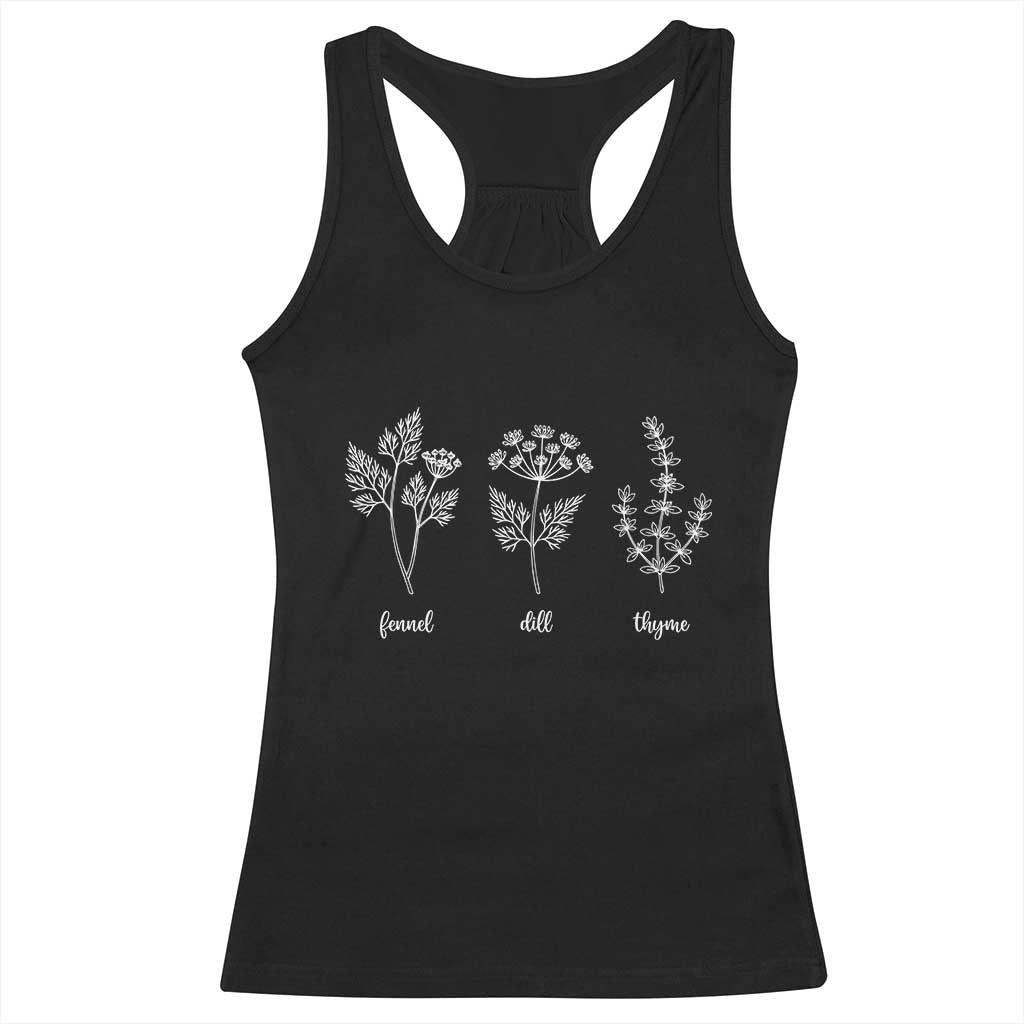 Fennel Dill Thyme Subtle FDT Racerback Tank Top Botanical Herb Line Art Political Satire TS02 Black Print Your Wear