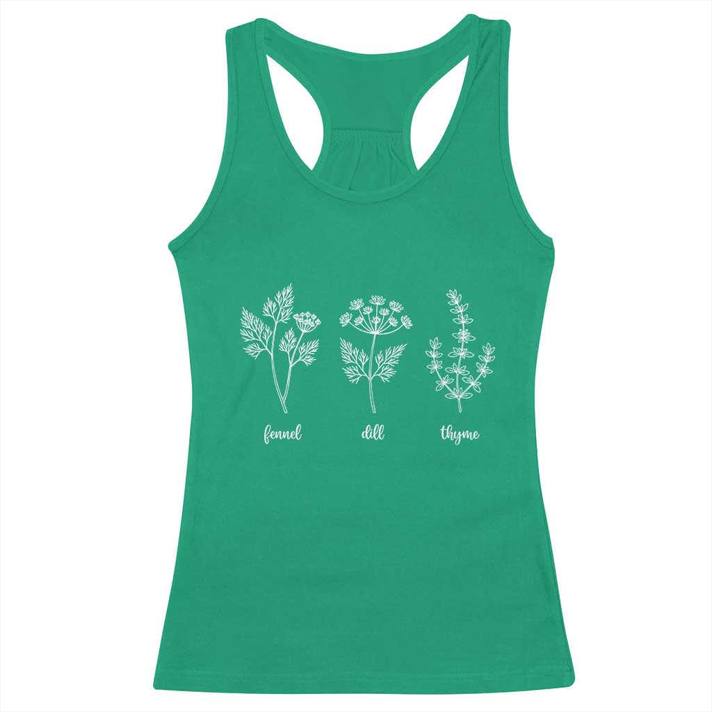 Fennel Dill Thyme Subtle FDT Racerback Tank Top Botanical Herb Line Art Political Satire TS02 Irish Green Print Your Wear