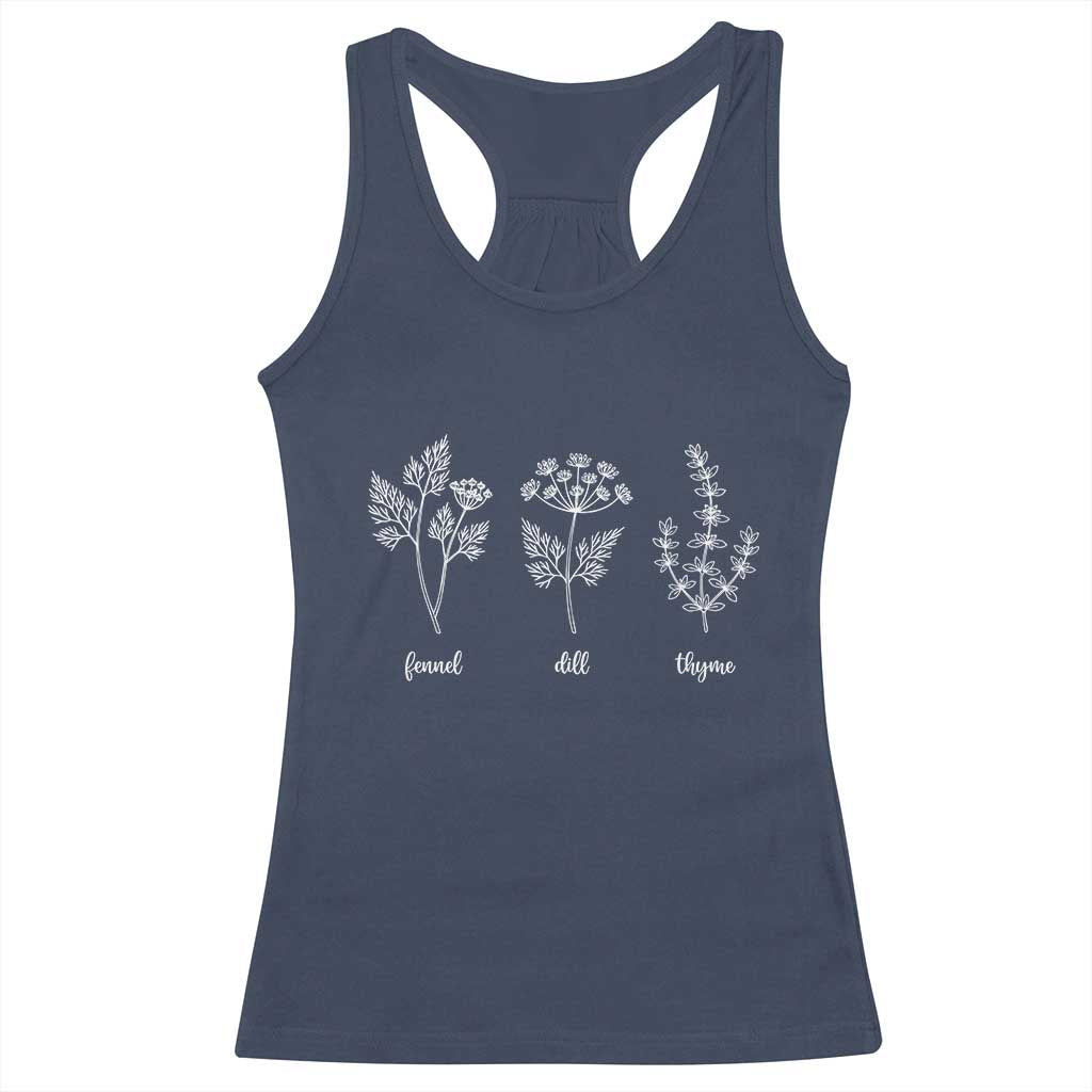 Fennel Dill Thyme Subtle FDT Racerback Tank Top Botanical Herb Line Art Political Satire TS02 Navy Print Your Wear