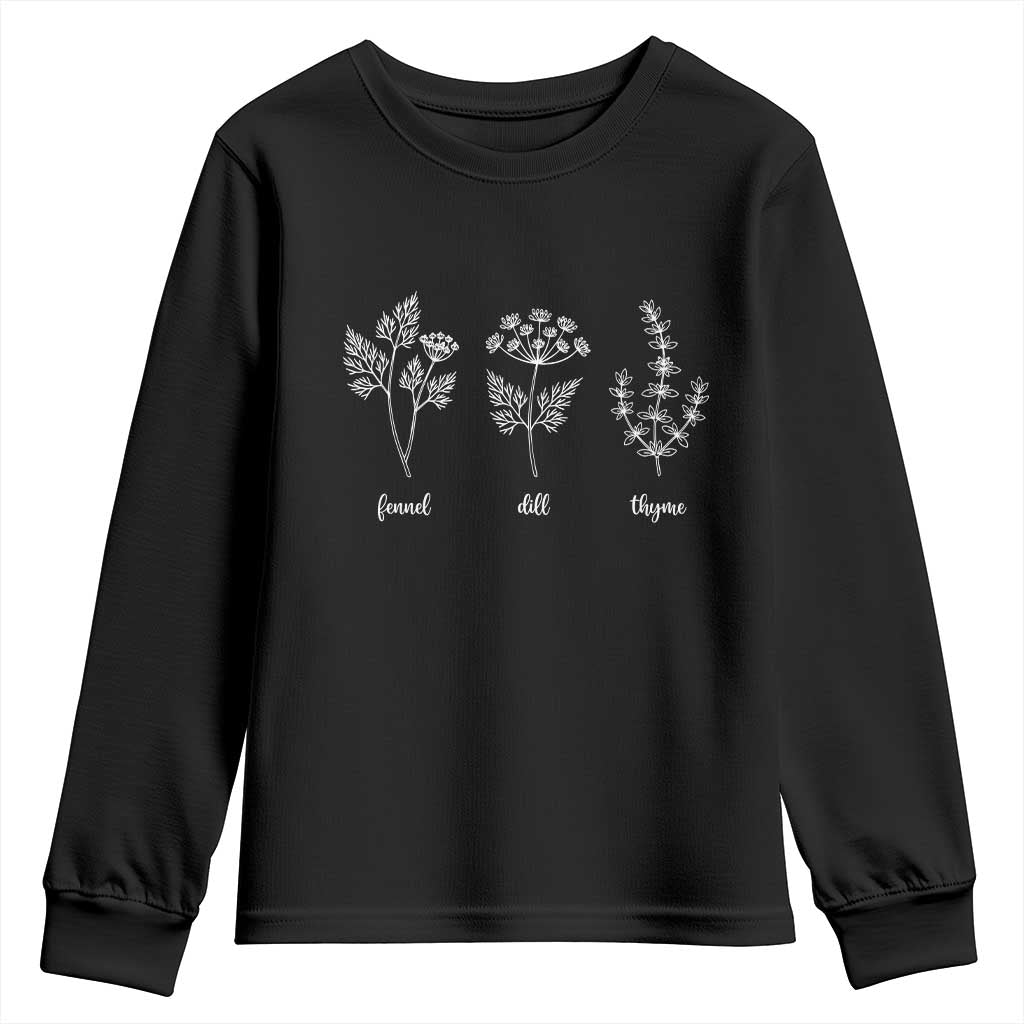 Fennel Dill Thyme Subtle FDT Youth Sweatshirt Botanical Herb Line Art Political Satire TS02 Black Print Your Wear