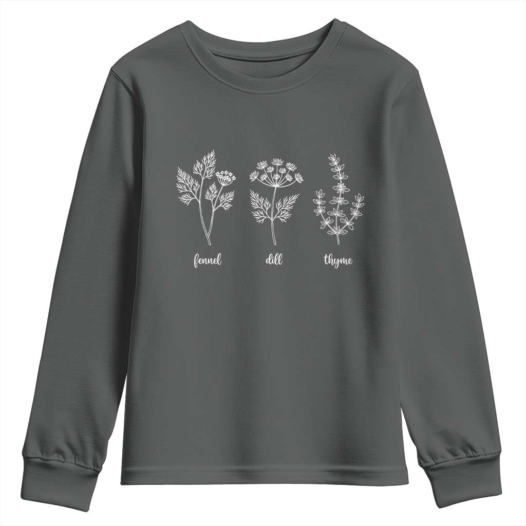 Fennel Dill Thyme Subtle FDT Youth Sweatshirt Botanical Herb Line Art Political Satire TS02 Dark Heather Print Your Wear