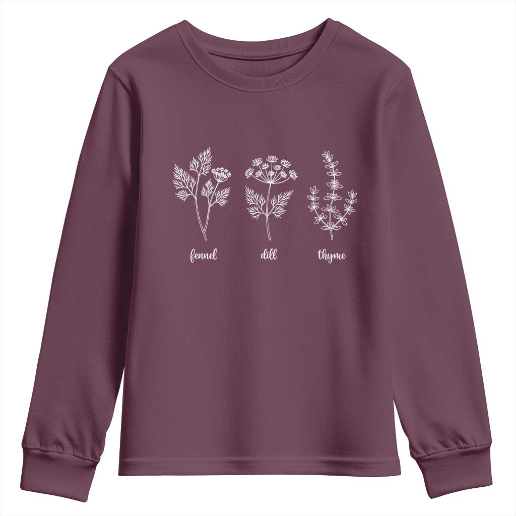 Fennel Dill Thyme Subtle FDT Youth Sweatshirt Botanical Herb Line Art Political Satire TS02 Maroon Print Your Wear